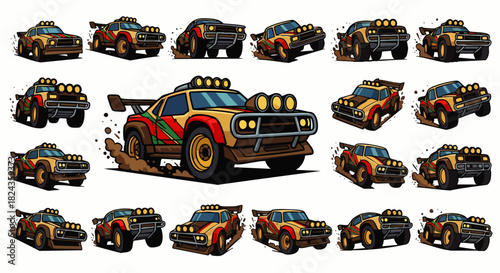 An illustrated montage showcases a rugged off-road rally car, kicking up mud and dust, perfect for adventure and outdoor racing enthusiasts.