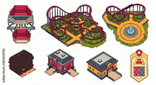 Isometric amusement park elements illustration featuring a Ferris wheel, roller coaster, buildings, and other fun fair attractions for design.