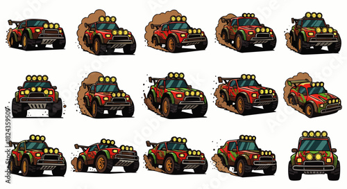 An off-road vehicle illustration in a pixel art style, showcasing the car driving through mud and dirt with dynamic animation frames.