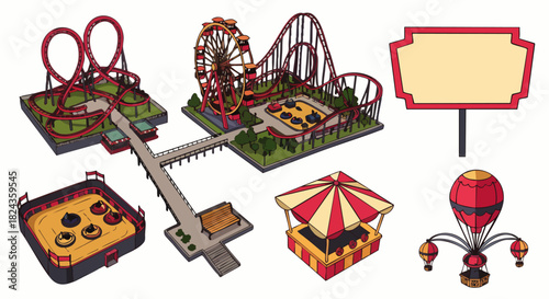 An illustrated collection showcasing amusement park elements, including roller coasters, Ferris wheels, a carousel, and other attractions for entertainment.