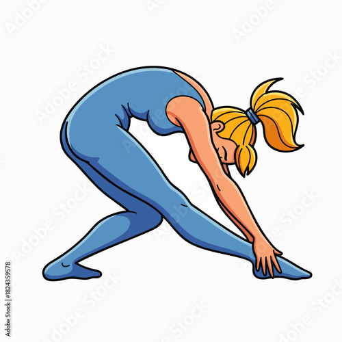 A blonde woman in a blue leotard stretches her leg, reaching towards her toes in a yoga pose, promoting flexibility and wellness.