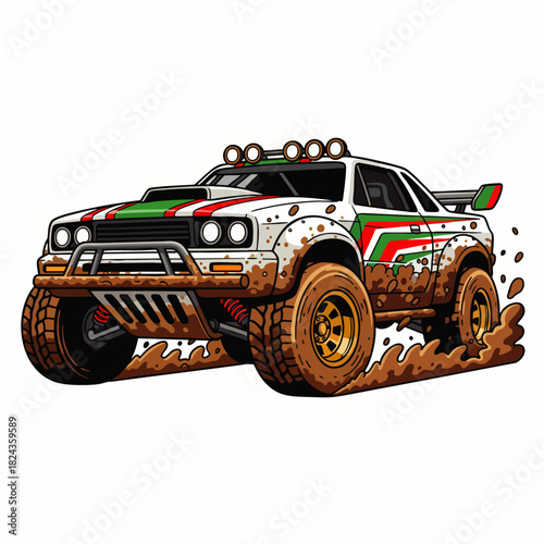 An off-road rally car kicks up mud as it races across a rugged terrain, showcasing speed, power, and adventure in a vibrant, dynamic illustration.