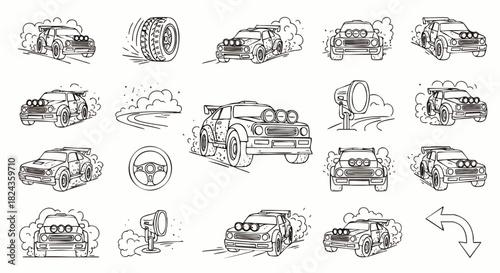 A detailed illustration of a rally car, showcasing speed and motion, accompanied by various related elements, perfect for design needs.