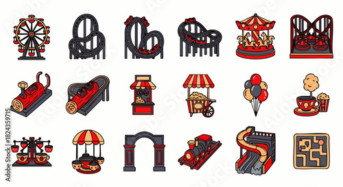 Funfair icons set featuring a Ferris wheel, roller coaster, carousel, bumper cars, food stalls, balloons, and other amusement park elements.
