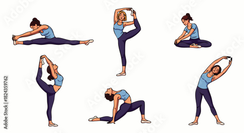 A woman demonstrates various yoga poses, showcasing flexibility and balance while promoting physical health and well-being through exercise and mindful movement.