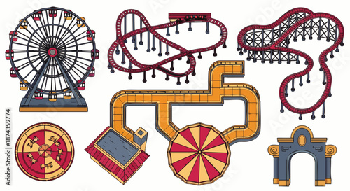 An illustrated set of amusement park elements includes a Ferris wheel, roller coasters, and various other attractions for entertainment and fun.