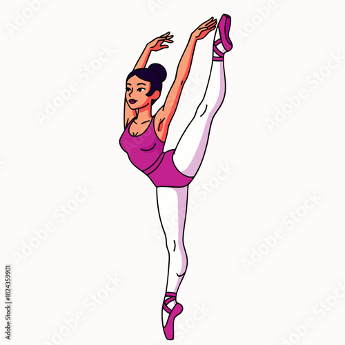 A graceful ballerina, depicted in a vibrant illustration, executes a perfect split while elegantly balancing, showcasing poise and flexibility in dance.
