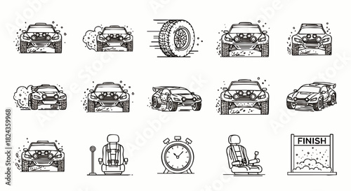 A detailed illustration showcases a rally car in various stages of a race, including tire motion, pit stop, and the finish line.