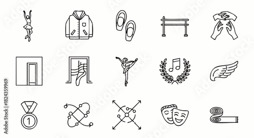 A collection of elegant vector illustrations depicting various elements related to dance, including ballerinas, ballet shoes, and performance symbols.