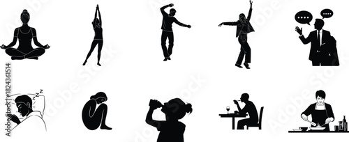 Diverse silhouettes of people in various activities and poses