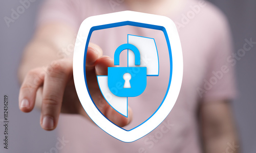 Concept of data protection and digital security. Finger interacting with a shield and a lock. Protecting data and privacy. Safe inter