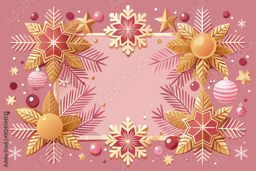 A festive Christmas decorative frame with delicate snowflakes, pink background, and golden decorations on the sides, presented in top view, with enough copy space for your holiday.