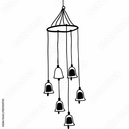 Simple black and white drawing of a hanging wind chime with bells