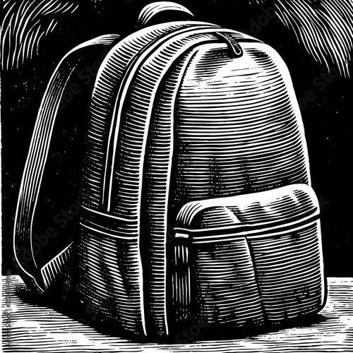 Black and white woodcut style illustration of a backpack