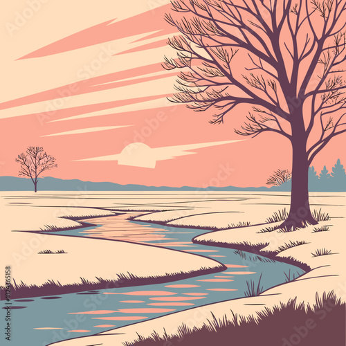 Winter landscape with winding stream and bare trees at sunset