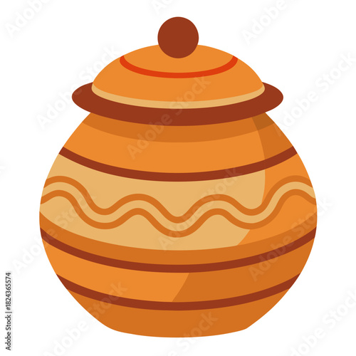 Decorative terracotta pot with lid and wavy pattern