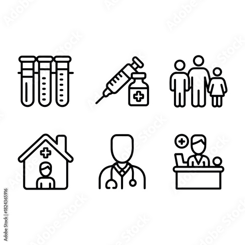 Medical icons set: tests, vaccination, family, doctor, home visit, reception