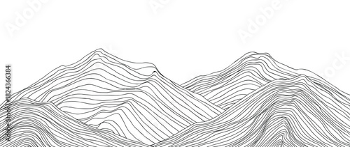 Mountain landscape vector line illustration with black contour peaks and flowing terrain shapes — adventure nature design for hiking, outdoor travel and exploration