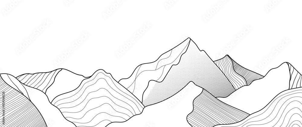 Naklejka premium Mountain landscape vector line illustration with black contour peaks and flowing terrain shapes — adventure nature design for hiking, outdoor travel and exploration