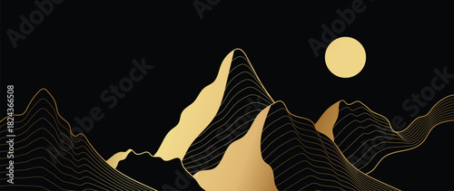 Luxury golden mountain vector landscape with elegant black background and flowing contour lines — premium minimal design for decoration, wallpaper and creative artwork