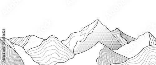 Mountain landscape vector line illustration with black contour peaks and flowing terrain shapes — adventure nature design for hiking, outdoor travel and exploration