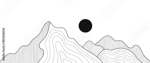 Mountain contour line vector landscape with black sun circle and flowing terrain shapes — adventure nature design for hiking, outdoor travel and exploration