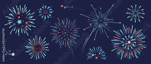 Colorful fireworks vector illustration with blue red and orange sparkling bursts and star elements on dark night background — festive celebration design for holiday decor and greeting cards