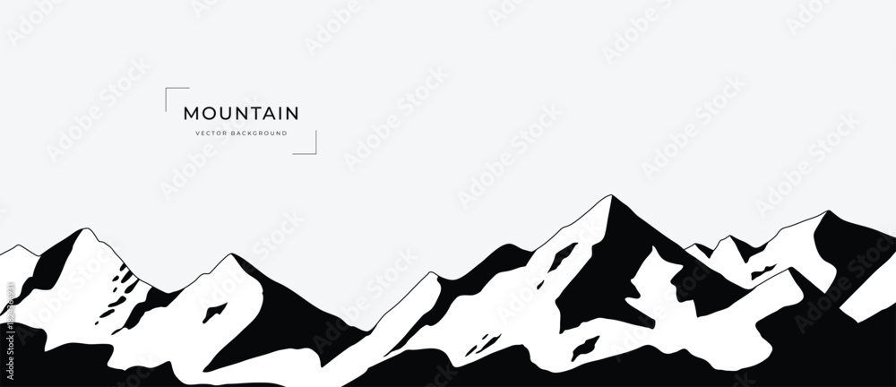Naklejka premium Mountain landscape vector line illustration with black contour peaks and flowing terrain shapes — adventure nature design for hiking, outdoor travel and exploration