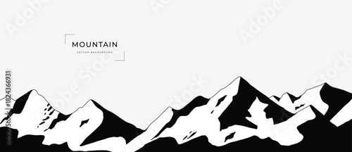 Mountain landscape vector line illustration with black contour peaks and flowing terrain shapes — adventure nature design for hiking, outdoor travel and exploration