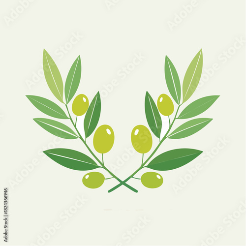 Symmetrical Vector Illustration of Two Olive Sprigs with Green Olives and Leaves on a Light Background