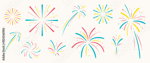 Colorful firework vector illustration set with teal purple yellow red bursts on white background — festive bright design for new year celebration, greeting cards and holiday decoration