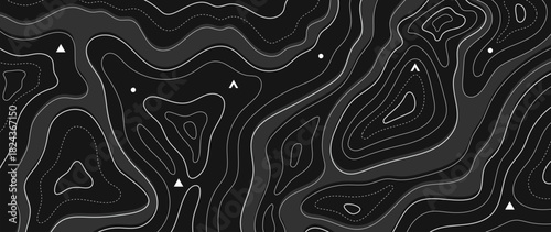 Topographic contour line vector background with dark grey terrain shapes and navigation markers — adventure outdoor map design for hiking, exploration and travel