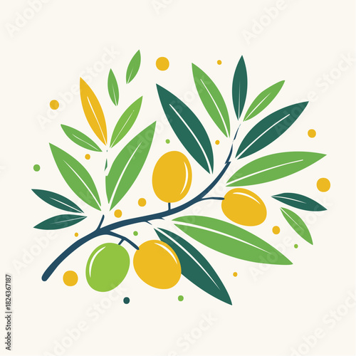 Elegant Vector Illustration of a Botanical Olive Branch with Fresh Green Leaves and Golden Berries, Minimalist Design
