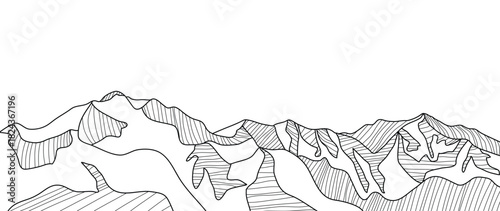 Mountain landscape vector line illustration with black contour peaks and flowing terrain shapes — adventure nature design for hiking, outdoor travel and exploration