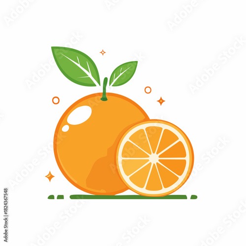 Vibrant Vector Illustration of a Whole Orange with Green Leaves and a Freshly Cut Orange Slice