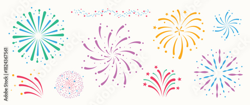 Colorful firework vector illustration set with teal purple yellow red bursts on white background — festive bright design for new year celebration, greeting cards and holiday decoration