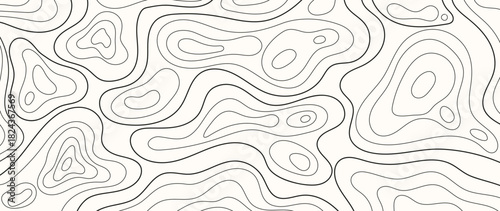 Topographic contour line vector background with abstract black flowing curves on white — minimal modern design for wallpaper, packaging and creative decoration