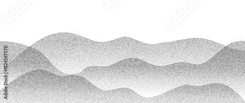 Minimal abstract mountain vector background with black and white dot stipple layers creating soft landscape waves — modern nature design for creative artwork and decorative scenes