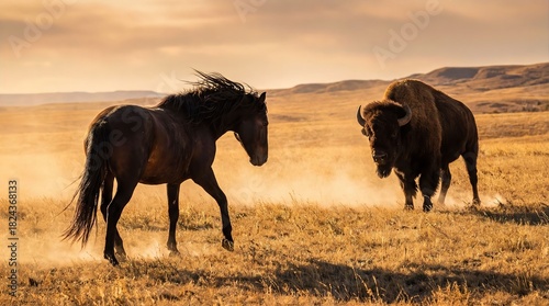 Wild Bison and Horse in Prairie: A striking tableau of wild bison and horse amidst a vast prairie landscape. Witness the raw power of wildlife amidst the golden hues of nature.