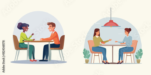 Conversation Over Coffee Vector Art of People Chatting at Tables