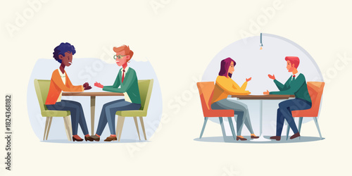 Vector illustration set of diverse people in dialogue. Characters sitting at tables for a business meeting, interview, or casual date