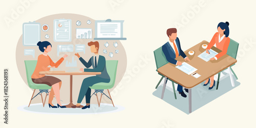Business meeting between two people at a table discussing work, and a job interview scenario with two individuals at a desk