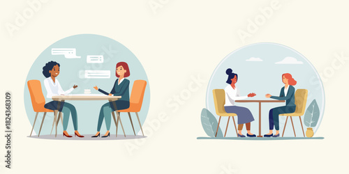 Two Diverse Groups of Women in Conversation at Tables, Symbolizing Dialogue and Connection