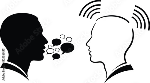 Black and White Vector Illustration of Two People Communicating, Featuring One Speaking with Speech Bubbles and the Other Listening with Signal Waves, Representing Conversation and Dialogue