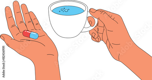 Vector Illustration of Hands Holding a Medical Capsule Pill and a Cup of Water, Representing Taking Medication, Drug Treatment, Healthcare, Dosage, and Wellness Routine