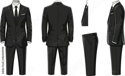 Formal Black Business Suit Vector Mockup for Men, Shown from Front, Back, and Side Views, Ideal for Apparel Design, Corporate Style Guides, Fashion Templates, and Tailoring Graphics