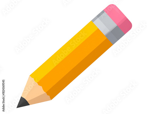 Flat Yellow Pencil Icon with Pink Eraser, Front Diagonal View, isolated on transparent background