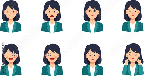 Vector Avatar Set of a Businesswoman Showing Diverse Facial Expressions, Including Happy, Surprised, Angry, Sad, and Cheerful Emotions for Communication and Feedback Graphics