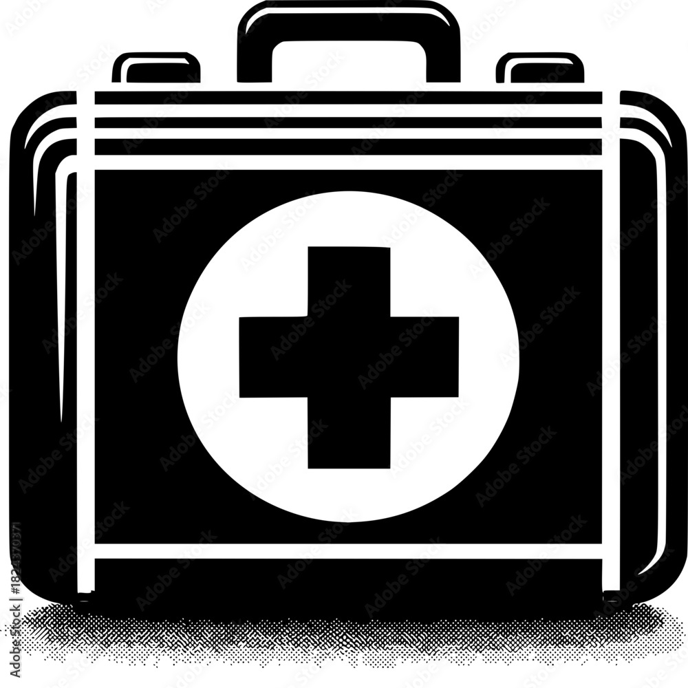Obraz premium Essential Aid: A graphic depiction of a first aid kit, a symbol of safety and preparedness, featuring a prominent medical cross, embodying care and assistance.
