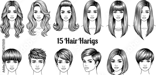 Set of Fifteen Hand-Drawn Black and White Line Art Vector Illustrations of Women's Diverse Hairstyles, Including Long, Bob, Pixie Cuts, and Various Fashionable Looks for Beauty Design